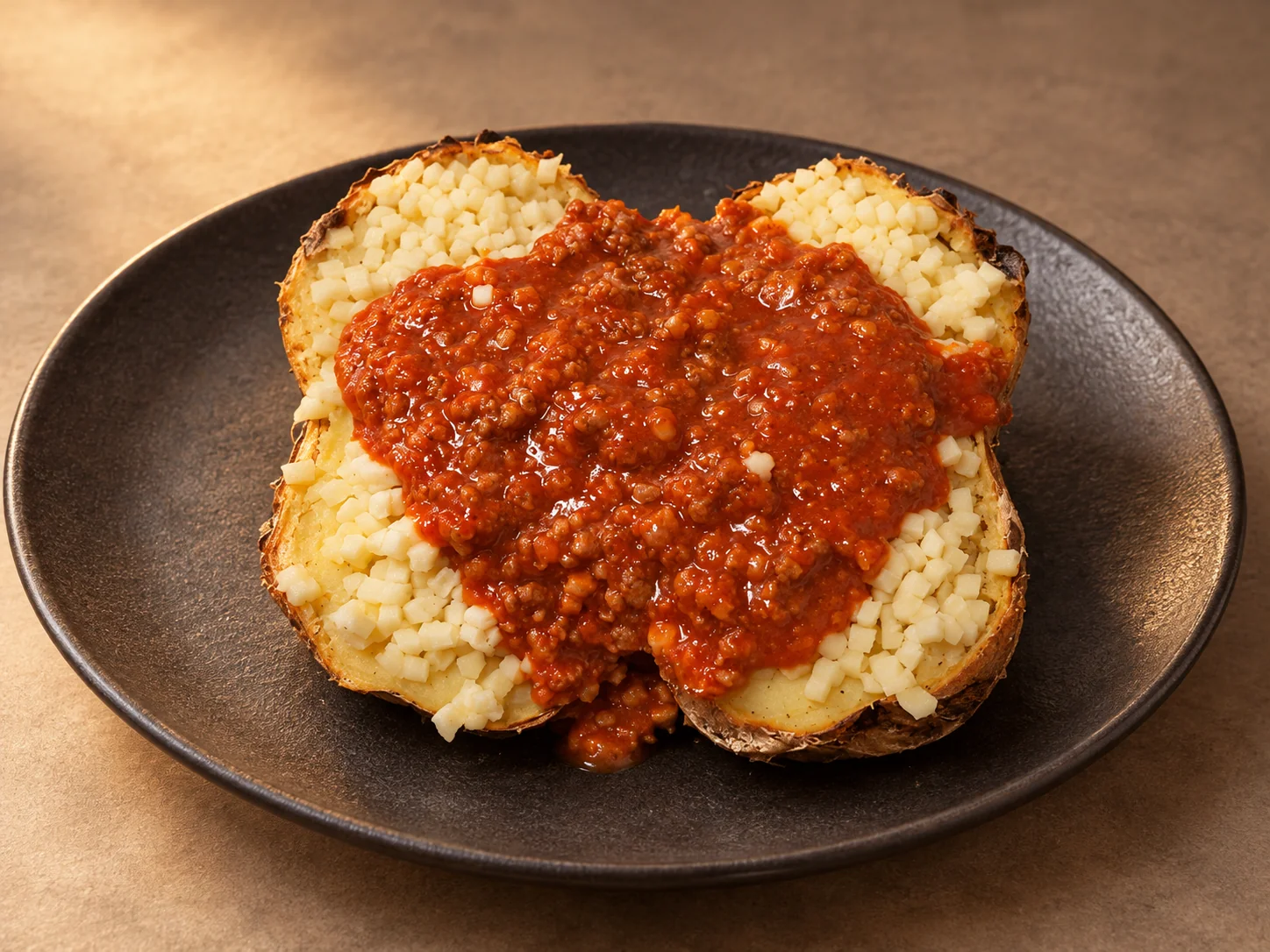 Patata asada con salsa boloñesa