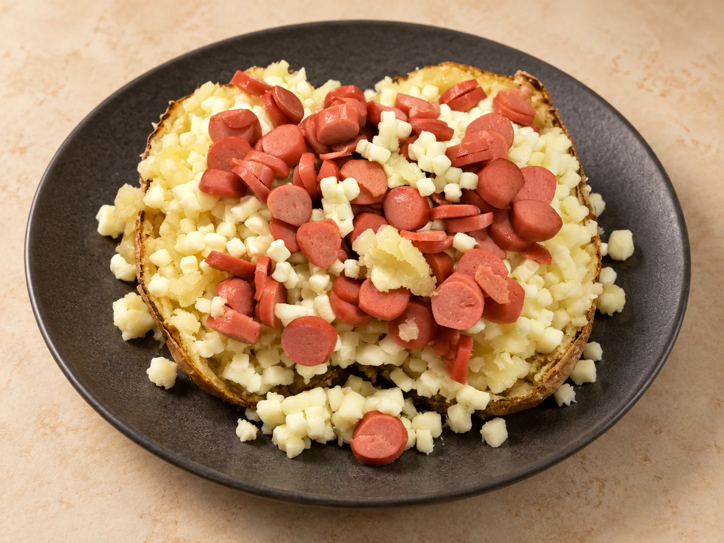 Patata asada de Papa Yaya con queso y salchichinas
