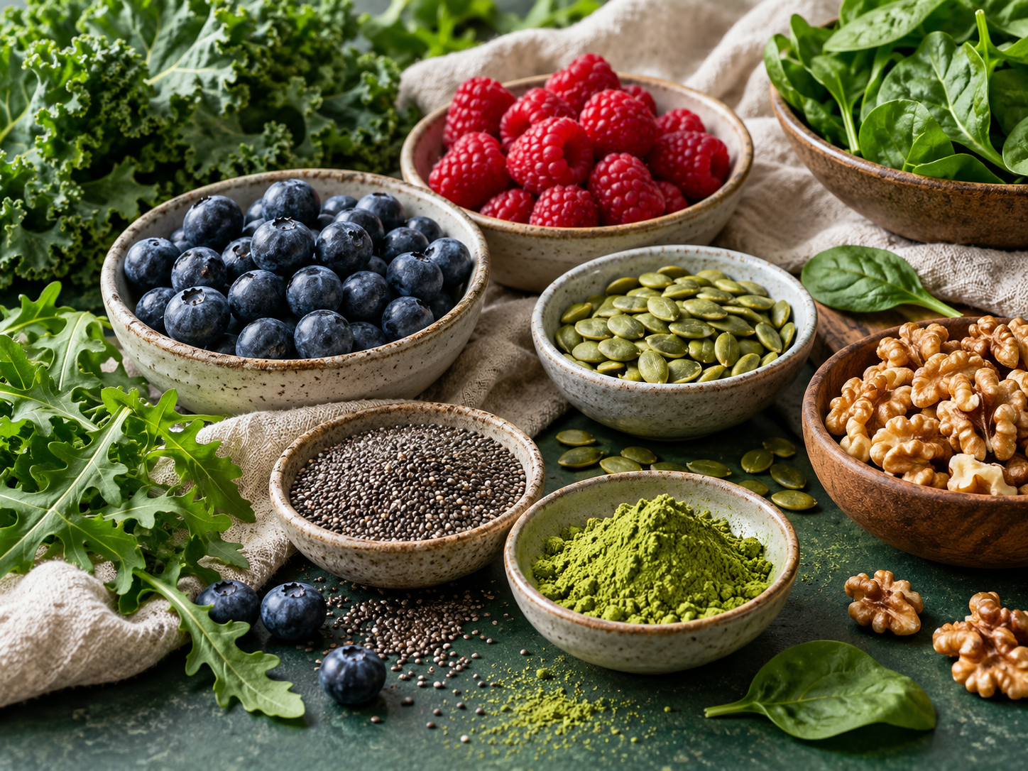 Arándanos, frambuesas, semillas, nueces, espinacas y matcha en cuencos